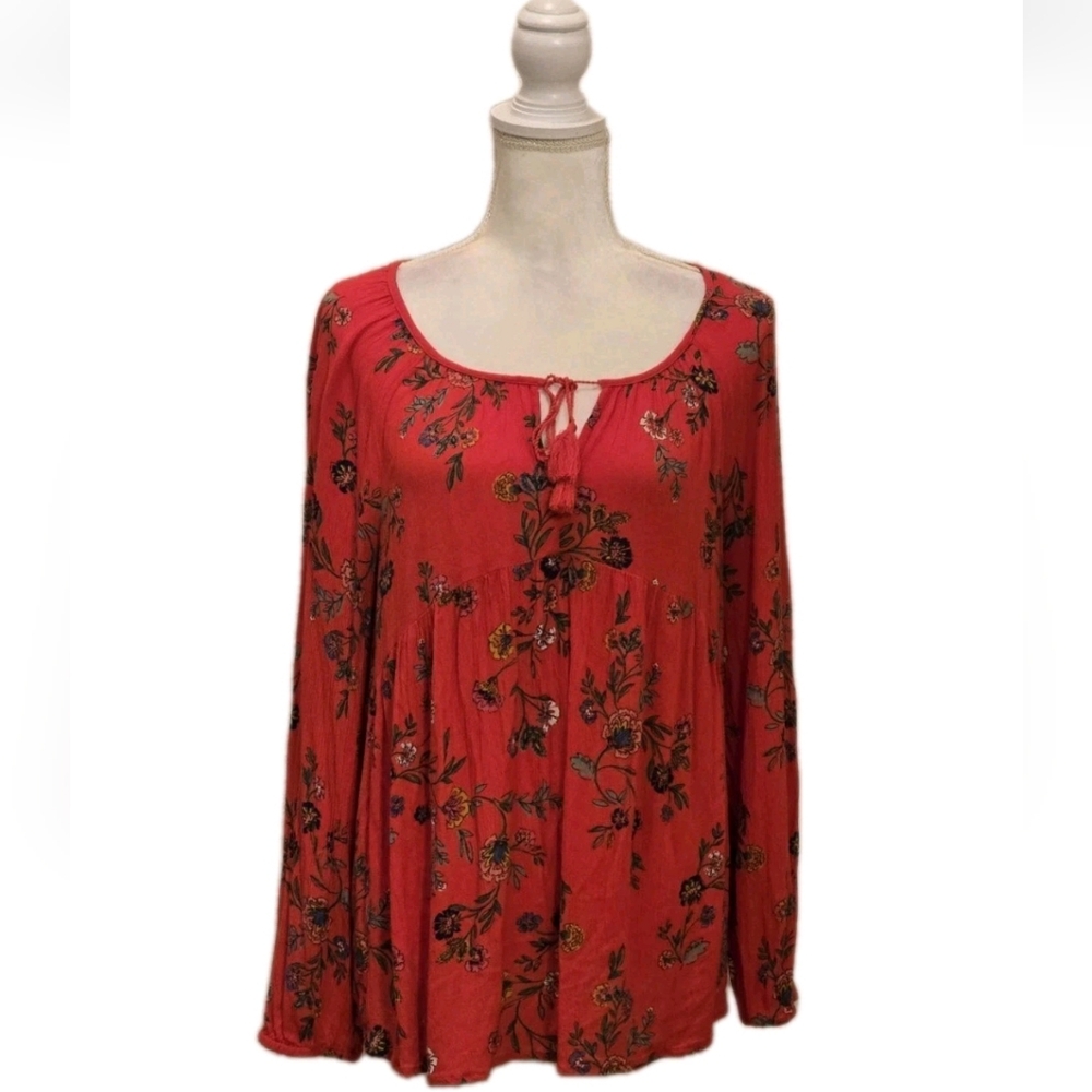 Old Navy Women's Top Size M Long Sleeve Boho Red Peasant Cottagecore Lightweight